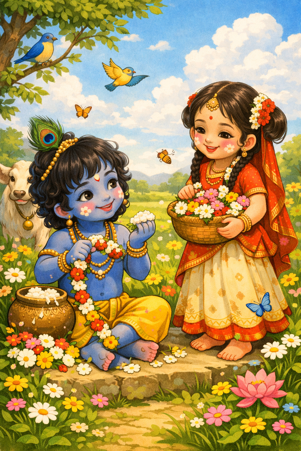 Little Radha with flower basket and Krishna making garland in colorful wildflower garden